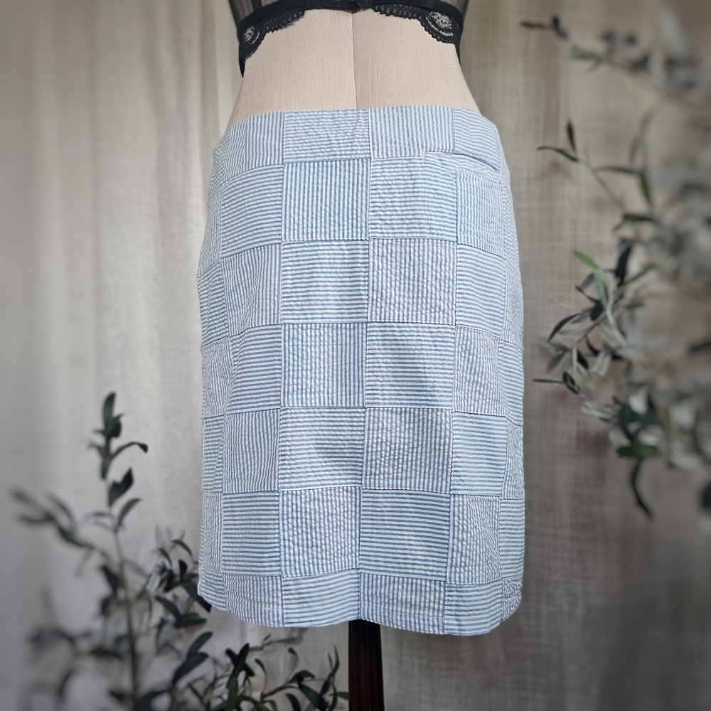 Striped Patchwork Light Blue Pencil Skirt Skort with Button Detail - Picture 2 of 10